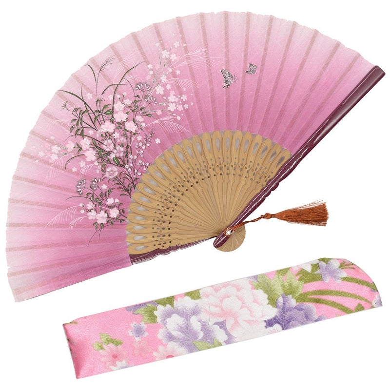 OMyTeaÂ® "Grassflowers 8.27"(21cm) Hand Held Folding Fans - With a Fabric Sleeve for Protection for Gifts - Chinese/Japanese Vintage Retro Style (Red) - Image 1